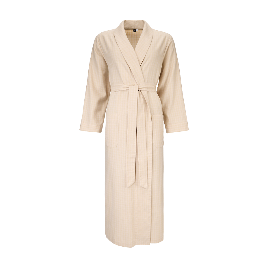 Women's flannel bathrobe with Merino wool stripe beige